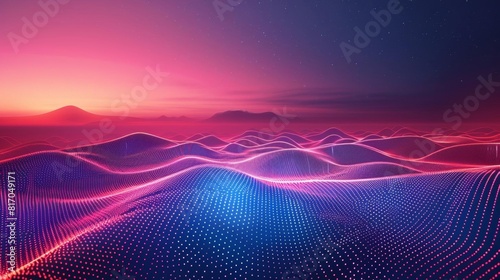 An abstract landscape of rolling hills, rendered in a vibrant palette of purples, pinks, and blues
