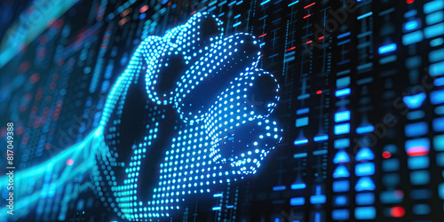 Electric Blue: A computer screen flickers with an iconic image of a raised fist, the pixels forming a rallying cry for change