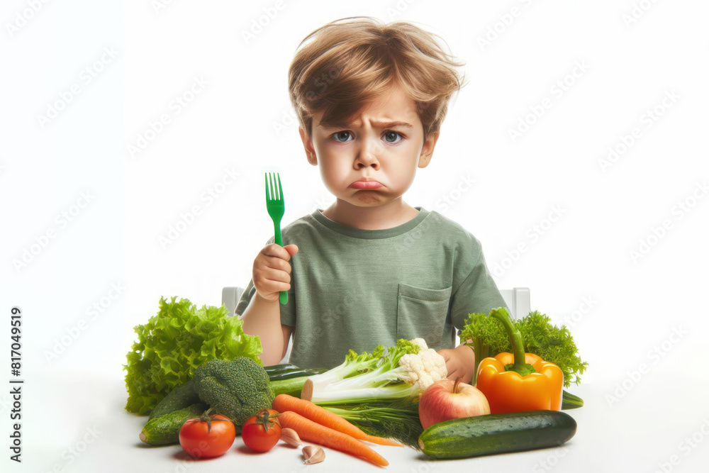 A small boy child eat raw healthy vegetables looks unhappy Isolated on white background A small boy child eat raw healthy vegetables looks unhappy Isolated on white background