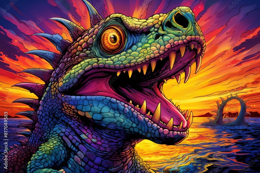 An artistic drawing of a large predator lizard in the sea, Godzilla, against the background of a red sky at sunset An artistic drawing of a large predator lizard in the sea, Godzilla, against the background of a red sky at sunset