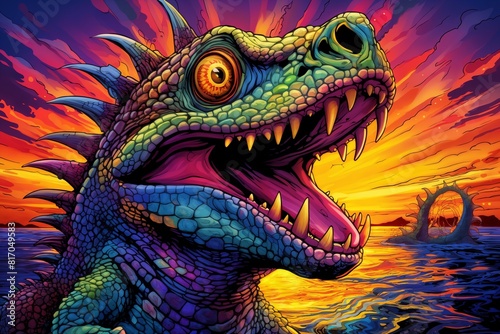 An artistic drawing of a large predator lizard in the sea  Godzilla  against the background of a red sky at sunset