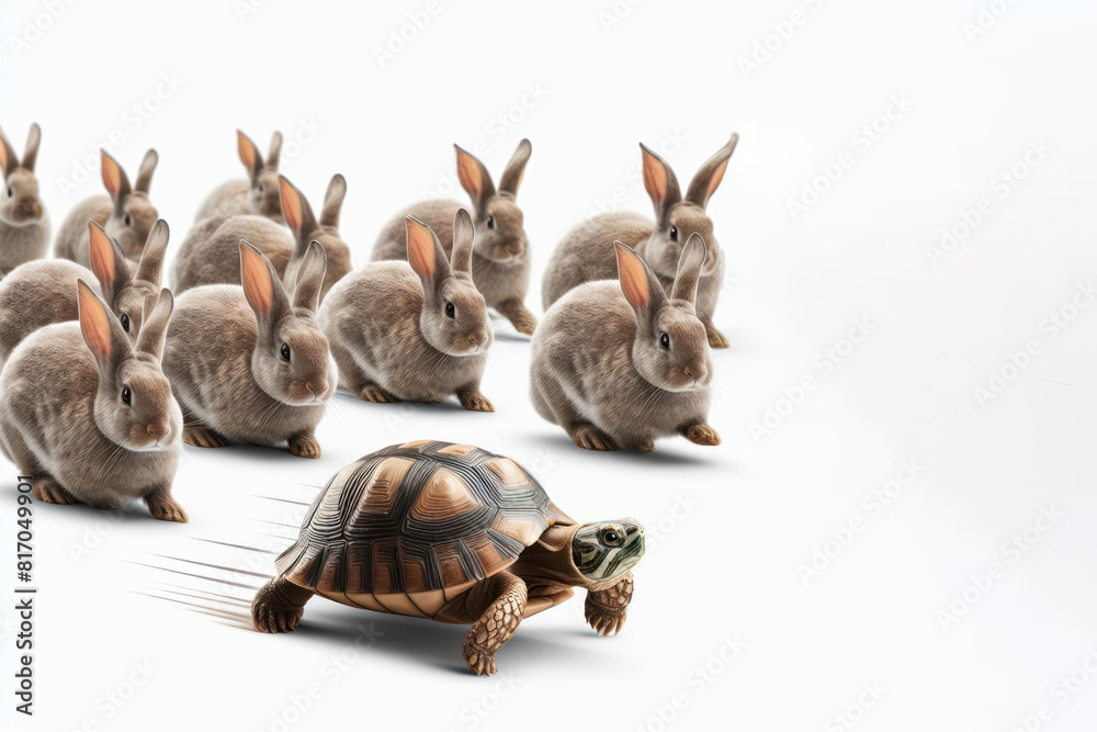 Fast turtle running in front of rabbits Isolated on white background copy space Fast turtle running in front of rabbits Isolated on white background copy space