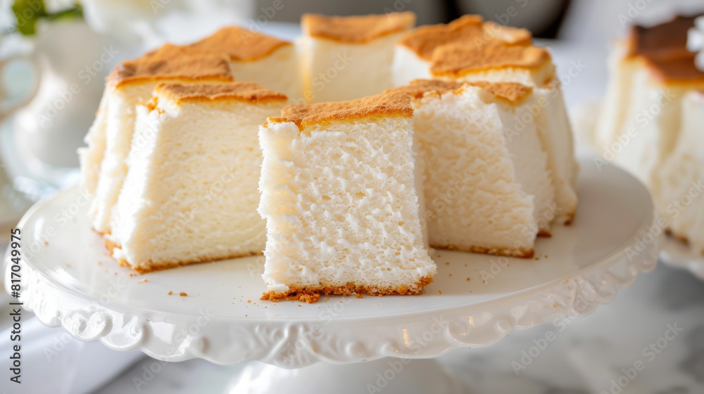 A white cake with a white plate on a table
