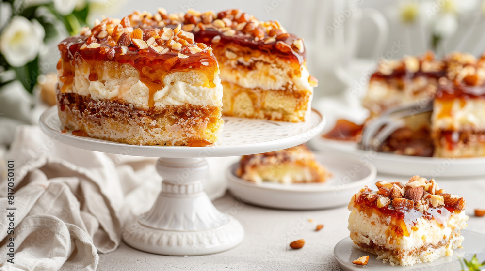 A slice of cake with nuts on top is on a white plate A slice of cake with nuts on top is on a white plate