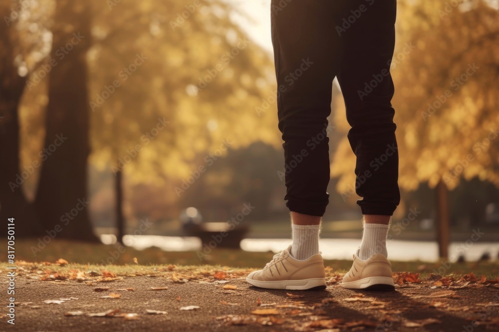 legs of anonymous runner standing in park legs of anonymous runner standing in park