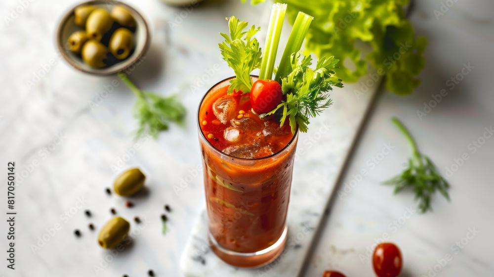 A glass of red drink with a garnish of celery and tomatoes A glass of red drink with a garnish of celery and tomatoes