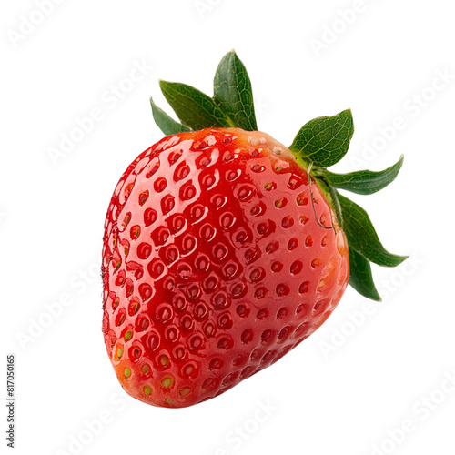 A single strawberry with green leaves on top, set against a white background.