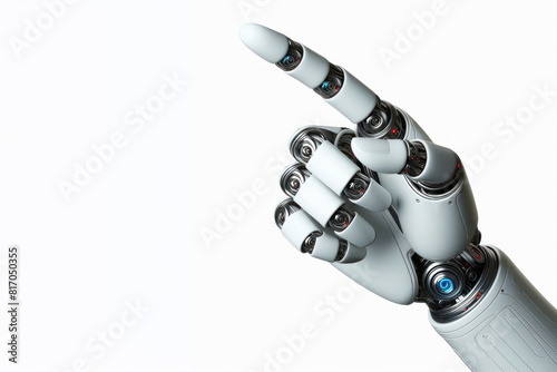 Robot hand pointing index finger, showing Isolated on white background
