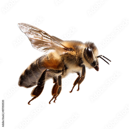 A brown and black bee is flying against a white background. photo
