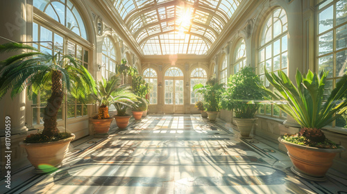 A large room with many potted plants and a sunlit atmosphere