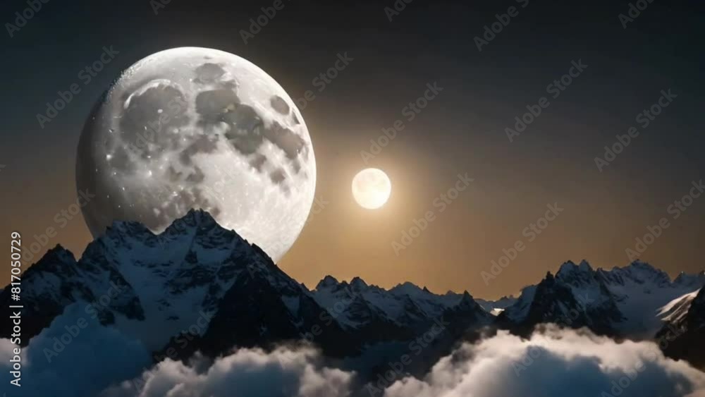 Beautiful Moon in the Sky. Flying Behind the mountain peaks with the Night Moon Shining Seamlessly. Circular 3d Animation with Moonlight Over the Horizon. 4k UltraHD Beautiful Moon in the Sky. Flying Behind the mountain peaks with the Night Moon Shining Seamlessly. Circular 3d Animation with Moonlight Over the Horizon. 4k UltraHD