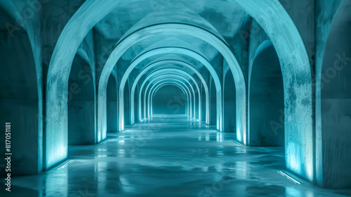 A long  narrow tunnel with blue lighting