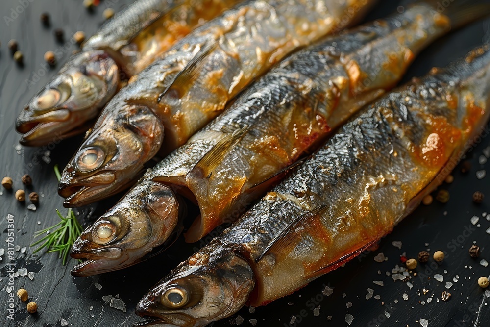 Obraz premium Anchovy fish preserved in oil, suitable for food packaging designs.