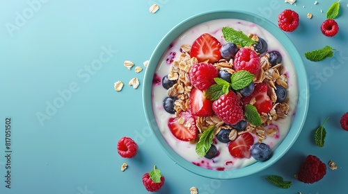 Healthy breakfast. Fresh granola  muesli with yogurt and berries on marble background.