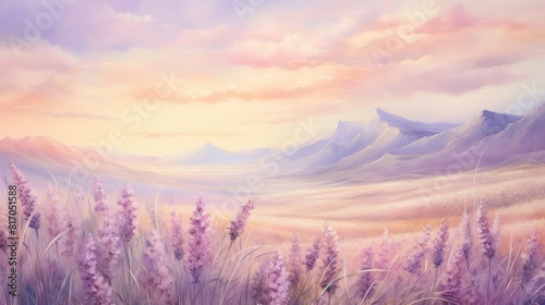 Soft watercolor artwork depicting a field of lavender swaying in the breeze under a pastel sky