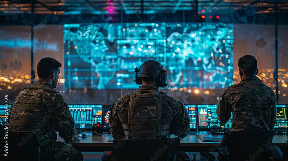 In a high-tech command center, military personnel analyze real-time data and drone footage, strategizing for the next move in a modern war scenario. In a high-tech command center, military personnel analyze real-time data and drone footage, strategizing for the next move in a modern war scenario.