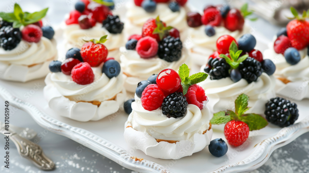 A plate of desserts with berries and whipped cream A plate of desserts with berries and whipped cream