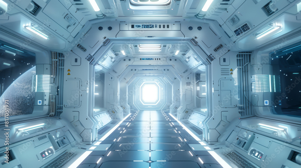 A futuristic space station with a large window in the middle A futuristic space station with a large window in the middle