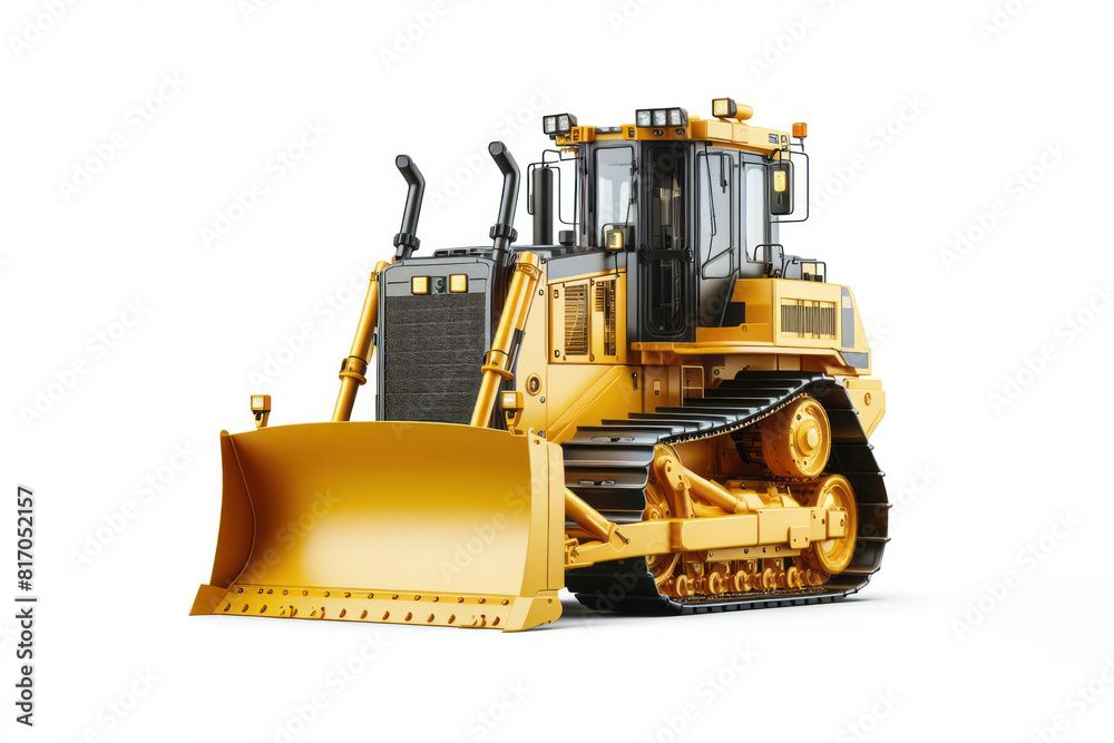 Fototapeta premium yellow bulldozer stands isolated on a white background, construction