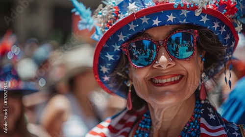 A woman proudly wears an American flag hat and sunglasses, embodying patriotism and enjoyment during a July 4th parade