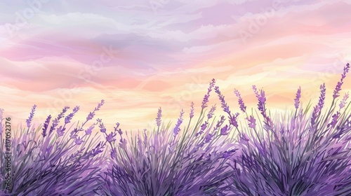 Soft watercolor artwork depicting a field of lavender swaying in the breeze under a pastel sky