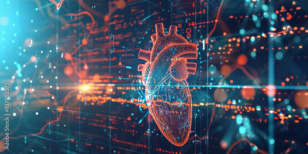 AI role in real time patient monitoring and heart health management. Concept futuristic healthcare technology and data network visualization, neon banner. AI role in real time patient monitoring and heart health management. Concept futuristic healthcare technology and data network visualization, neon banner.