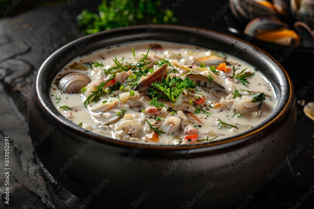 Homemade clam chowder recipe with creamy sauce and clams