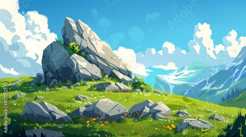 The blue sky, the rock formations and the lush green grass field are part of a mountain scene. Summer meadow in an alps valley setting. Sunny game panorama with a geology boulder pile in the photo