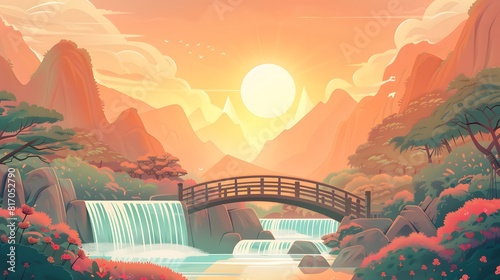 A picturesque painting of a bridge spanning over a serene river  with a magnificent waterfall cascading in the background  with shinning sun in the background