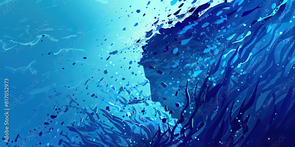 Deep blue oceans, an explorer in cerulean attire dives to uncover their mysteries. Deep blue oceans, an explorer in cerulean attire dives to uncover their mysteries.