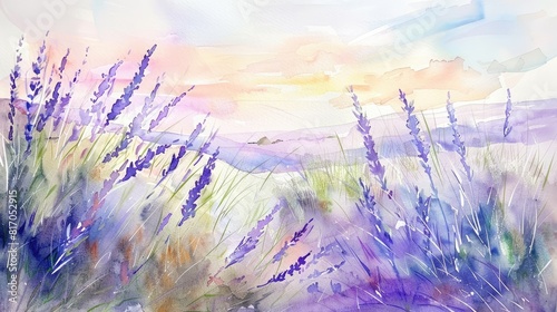 Soft watercolor artwork depicting a field of lavender swaying in the breeze under a pastel sky