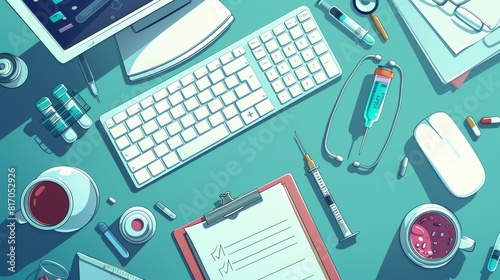 In a medical office, a doctor's desk with a computer on top. He is sitting at his desk, typing on his keyboard, using a syringe to inject the patient, and reviewing patient records.