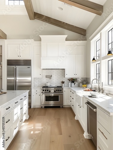Bright Modern Farmhouse Kitchen Stylish Shaker Cabinets Subway Tile Backsplash and Ample Natural photo