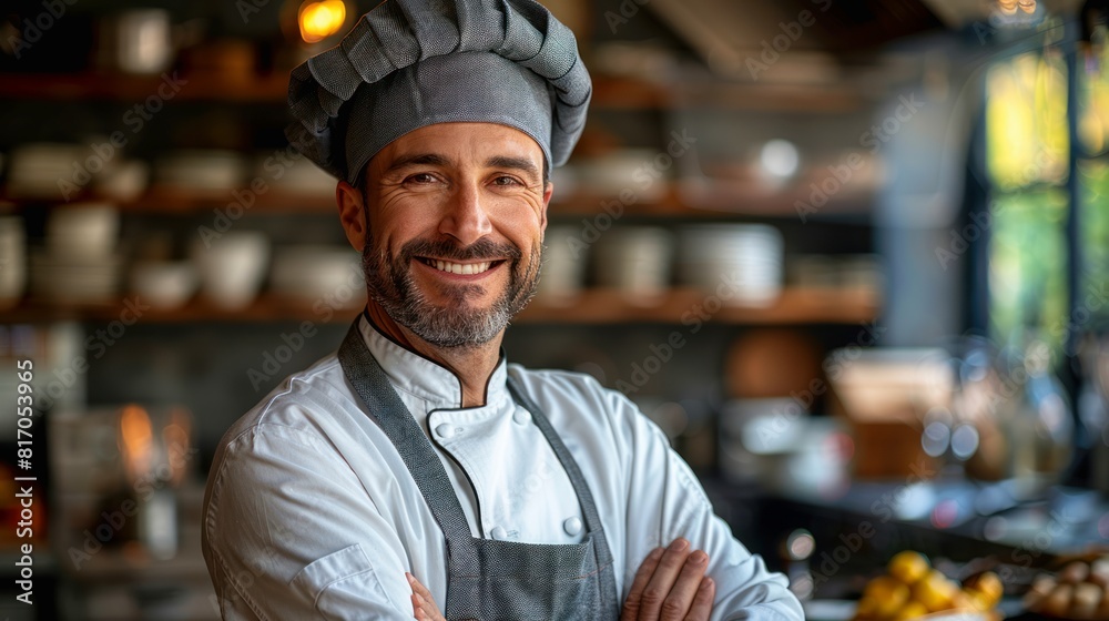 Photo portrait of a smiley chef with kitchen in background Photo portrait of a smiley chef with kitchen in background