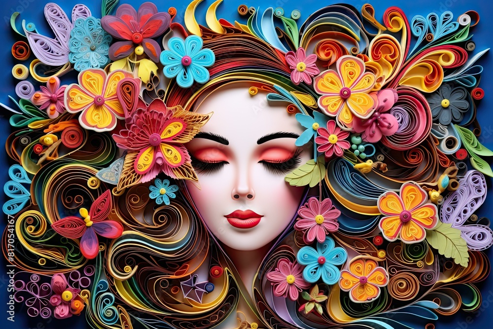 A painting depicting a woman with colorful flowers woven into her hair. paper craft. Generative AI A painting depicting a woman with colorful flowers woven into her hair. paper craft. Generative AI