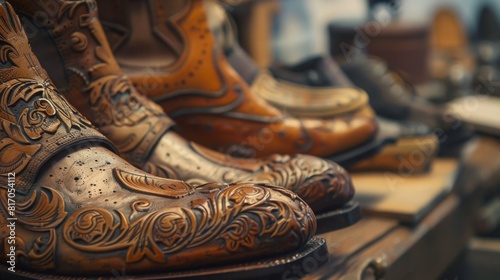 A neat row of leather boots displayed on a wooden shelf, showcasing various sizes and styles. photo