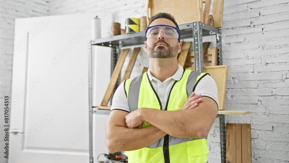 A confident hispanic man with a beard wearing safety glasses and a reflective vest stands in a woodworking workshop. A confident hispanic man with a beard wearing safety glasses and a reflective vest stands in a woodworking workshop.