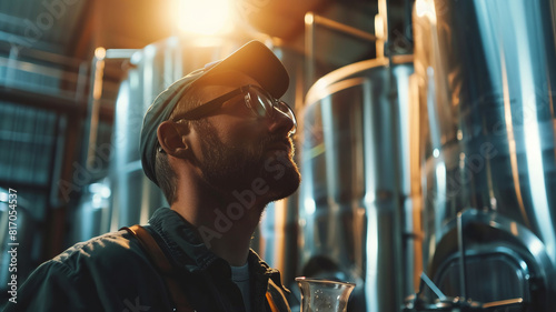 Professional Brewer Examining Craft Beer Quality in Brewery photo