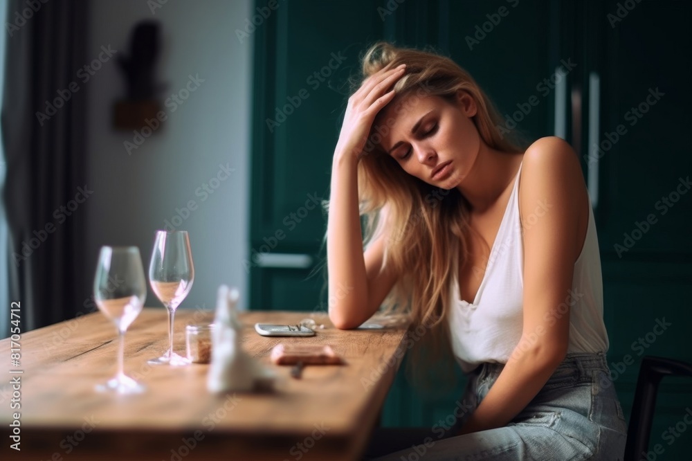 loneliness and break up aftermath. crying woman with head in hands drinking pills on the kitchen