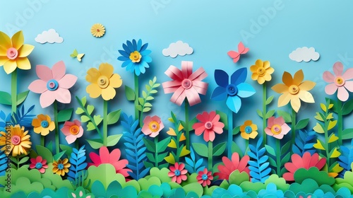 A colorful field of flowers with a blue sky in the background. The flowers are made of paper and arranged in a way that creates a sense of depth and dimension. Scene is cheerful and uplifting