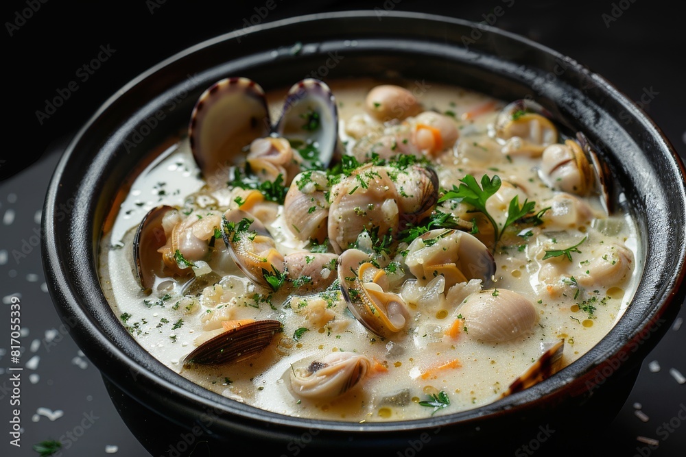 Classic dish of clam chowder filled with tender clams and herbs