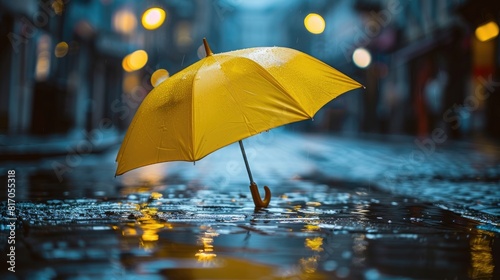 A yellow umbrella is opened in the rain. The image has a mood of sadness and loneliness