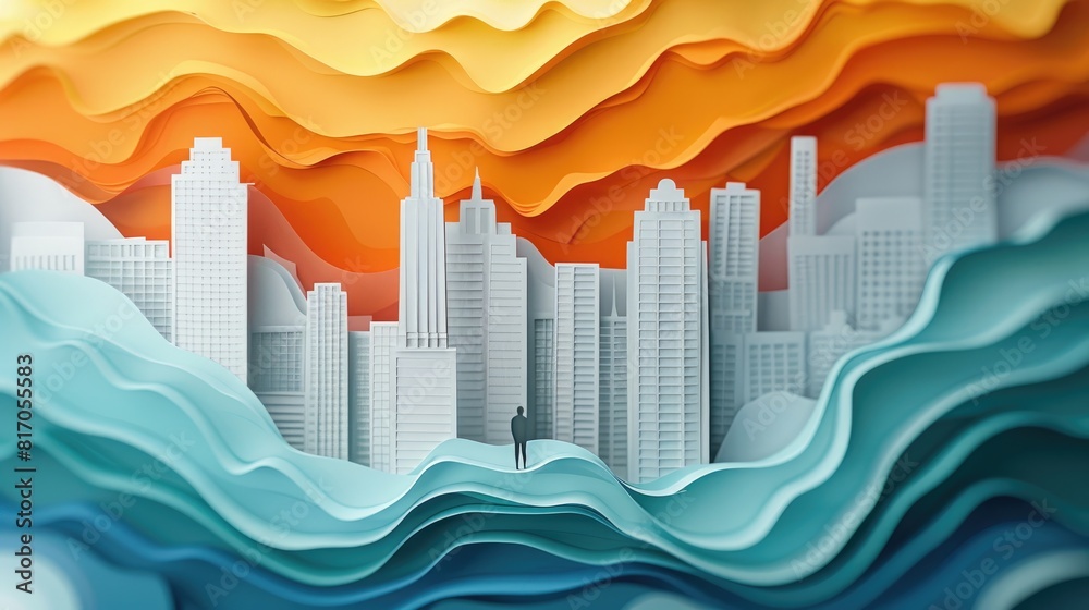 A city skyline is shown with a person standing on a beach in the foreground. The city is surrounded by water, and the sky is orange and yellow A city skyline is shown with a person standing on a beach in the foreground. The city is surrounded by water, and the sky is orange and yellow