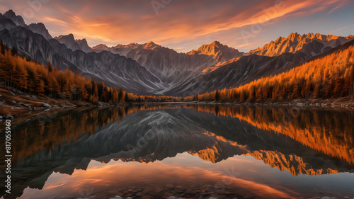  a breathtaking autumnal scene at sunset, where the golden hues of larch trees on the lakeshore are mirrored perfectly in the calm waters, set against the rugged backdrop of towering, shadowed mountai photo