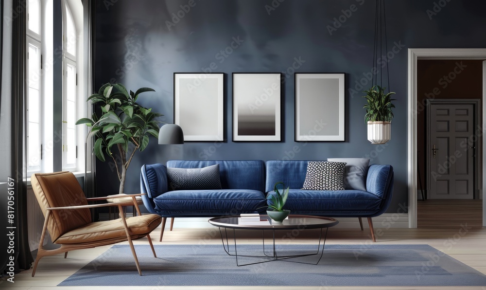 A cozy living room with a blue couch, chair, and Coffee Table, Modern Living Room Poster Frame Mockup in the Wall A cozy living room with a blue couch, chair, and Coffee Table, Modern Living Room Poster Frame Mockup in the Wall