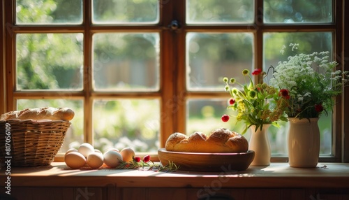 Sunlit Kitchen Scene: Fresh Bread and Flowers on the Counter