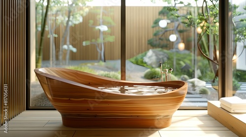 Traditional Wooden Japanese Bathtub in Serene Bathroom