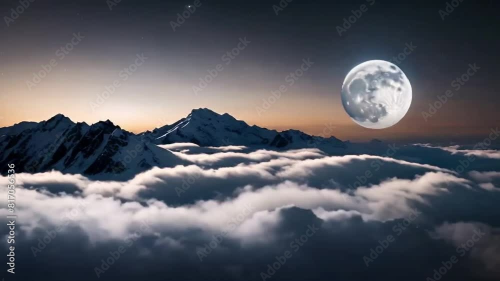 Beautiful Moon in the Sky. Flying Behind the mountain peaks with the Night Moon Shining Seamlessly. Circular 3d Animation with Moonlight Over the Horizon. 4k UltraHD Beautiful Moon in the Sky. Flying Behind the mountain peaks with the Night Moon Shining Seamlessly. Circular 3d Animation with Moonlight Over the Horizon. 4k UltraHD