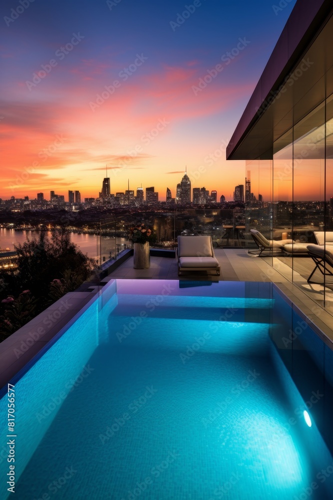 Fototapeta premium Luxury pool overlooking city skyline at sunset