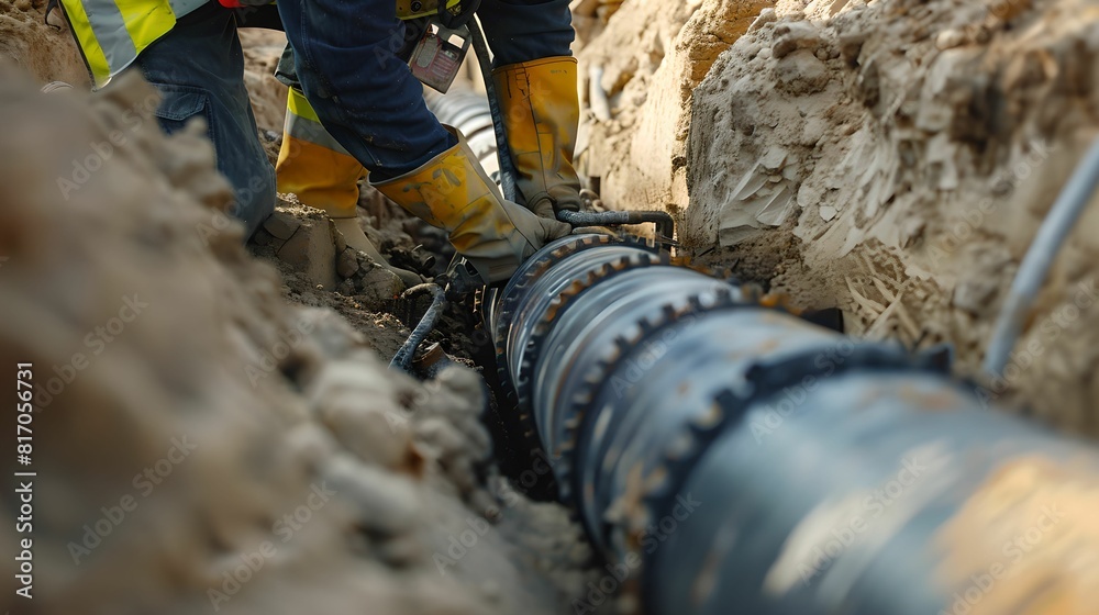 Close-Up of Worker Installing Underground Pipes Close-Up of Worker Installing Underground Pipes